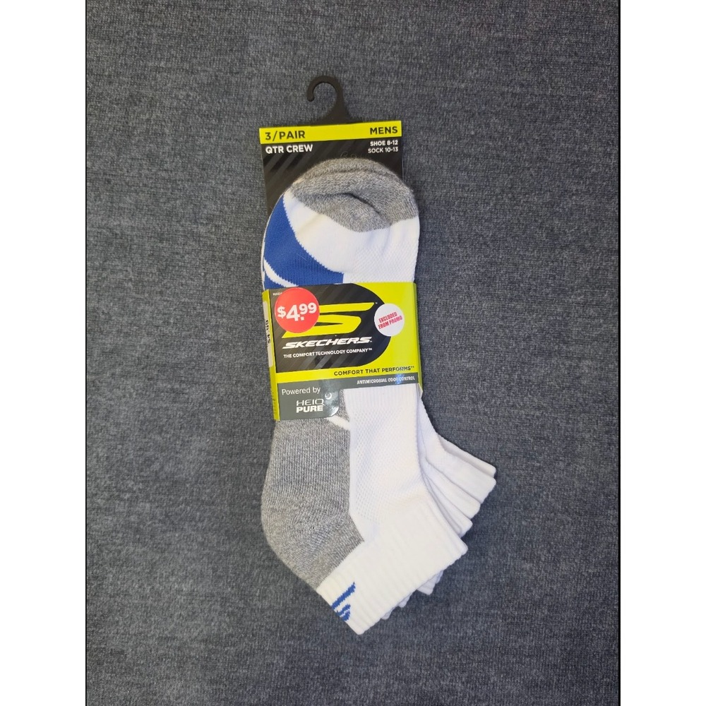 Skechers Mens 3 Pack Qtr Crew Athletic Socks White Grey Blue Shoe Size 6-12 NEW